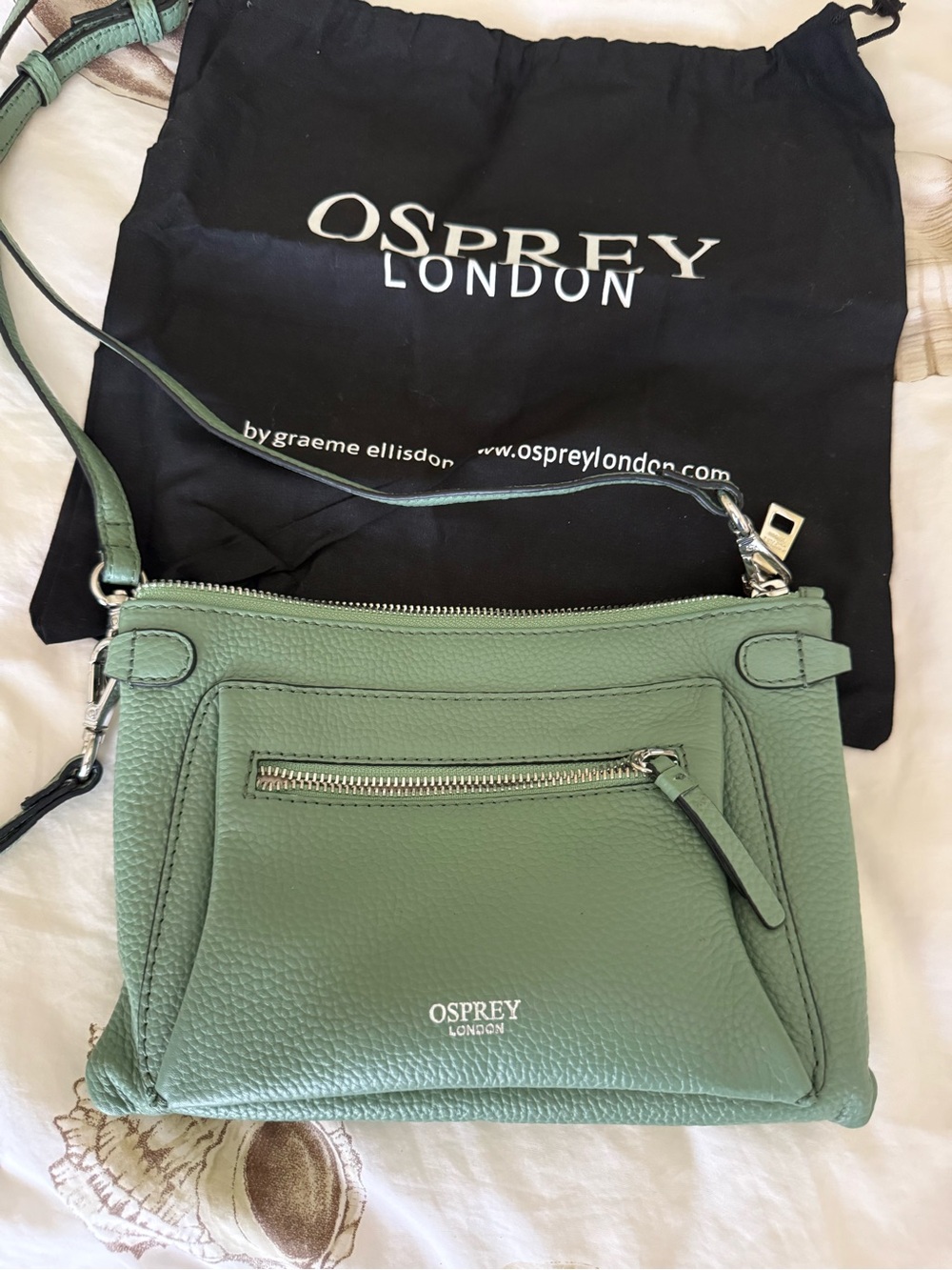 OSPREY London Sage Green Pebbled Leather Crossbody Bag